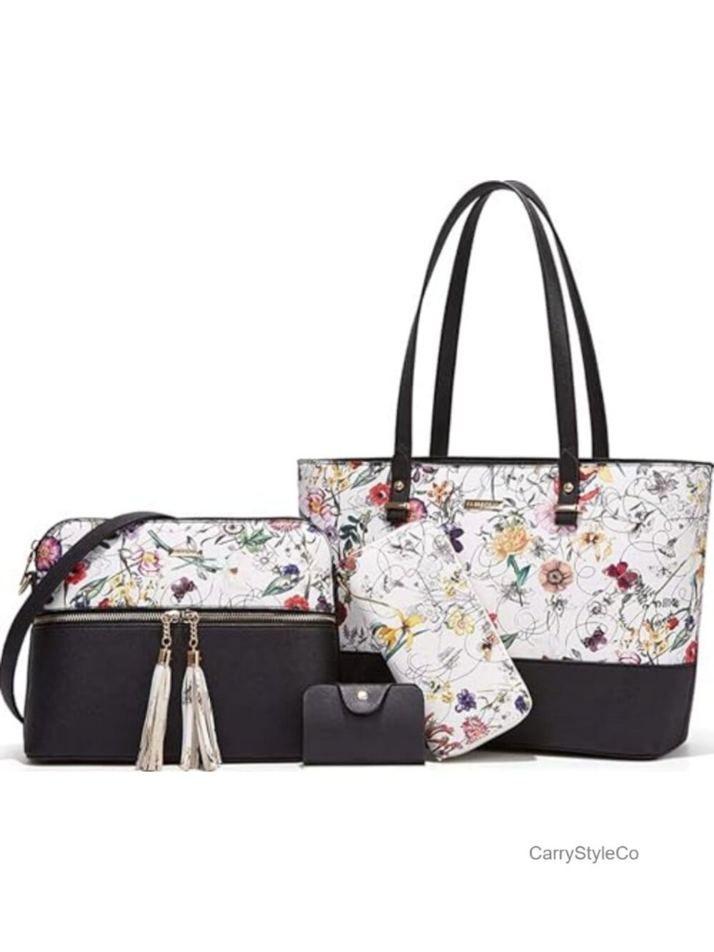 Synthetic Leather Satchel Tote Bag Set with Crossbody and Cosmetic Bag